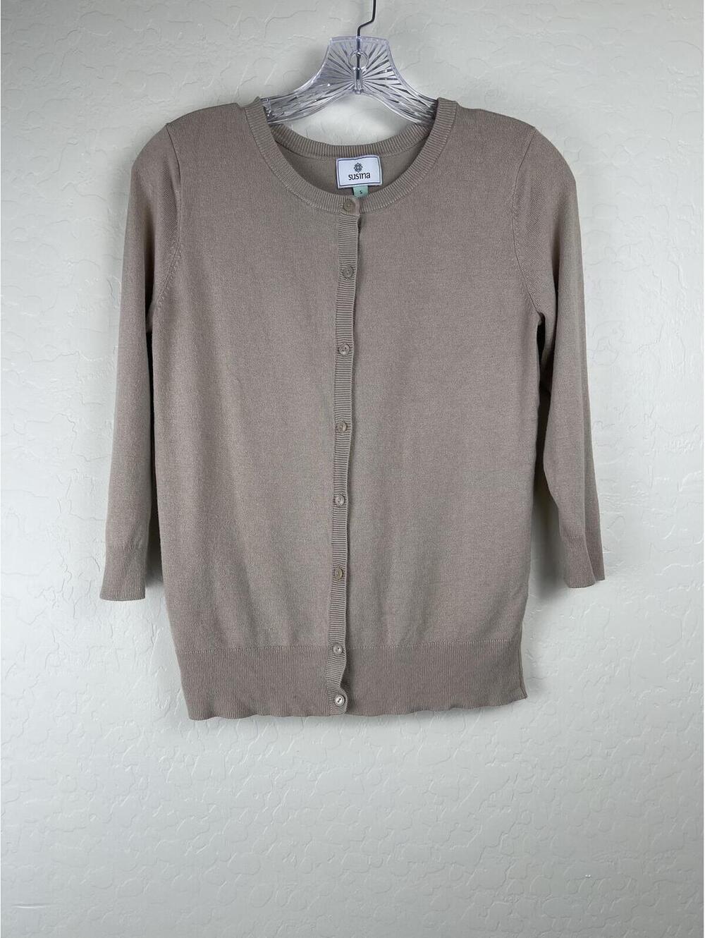 Susina Taupe Button Front Knit Cardigan Sweater Size S 3/4 Sleeve